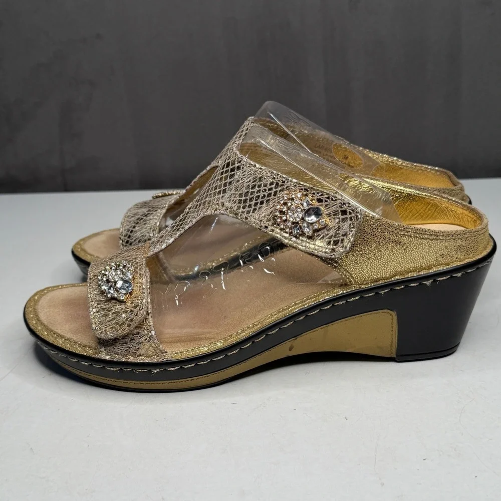 Alegria Lara Wedge Sandals Womens 38 Gold Leather Rhinestone Snake Print LAR-669